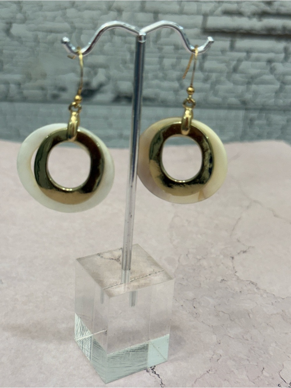 Double Circle Gold and Cream Drop Earrings — Lightweight Fashion Earrings